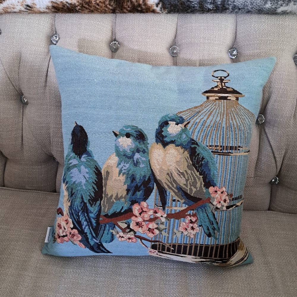 Blue Songbird Decorative Throw Pillow with Birdcage